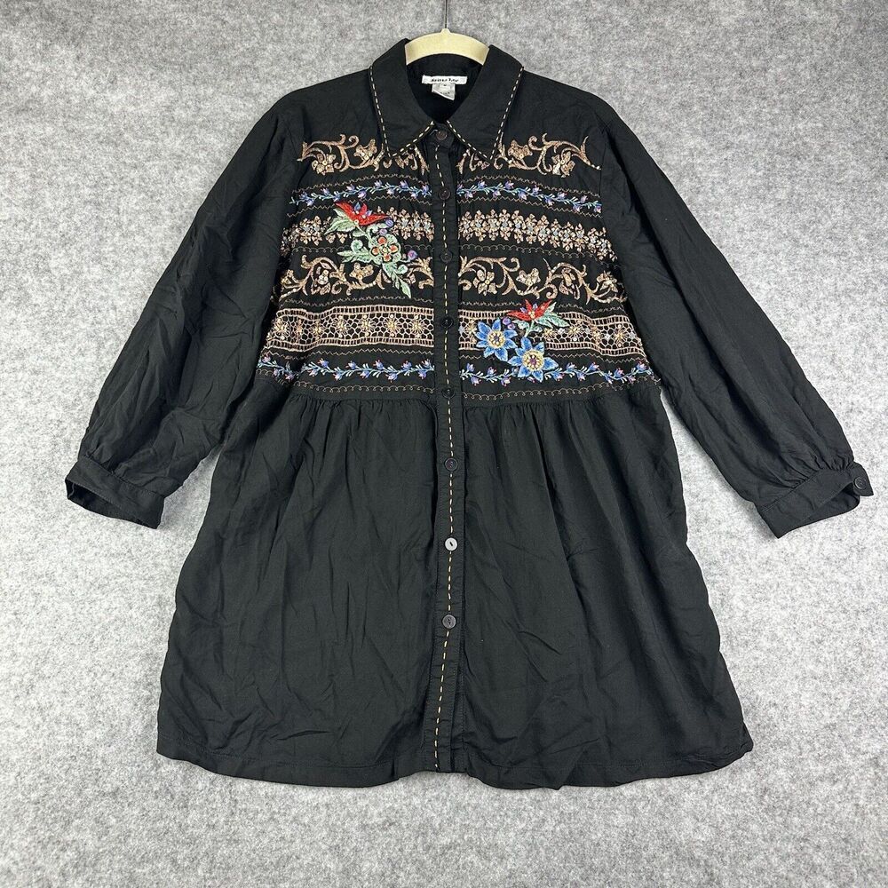 Krista Lee Tunic Top Womens M Beaded Embroidered Button LS Rayon Boho Peasant